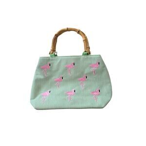 Flamingo Handbag with Bamboo Top Handle Green Pink White Women's